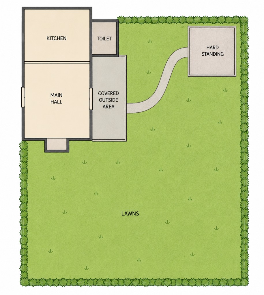 Floor plan of The Barn at Stockham Marsh showing kitchen, main hall, toilet, covered outside area, lawns and hard standing.